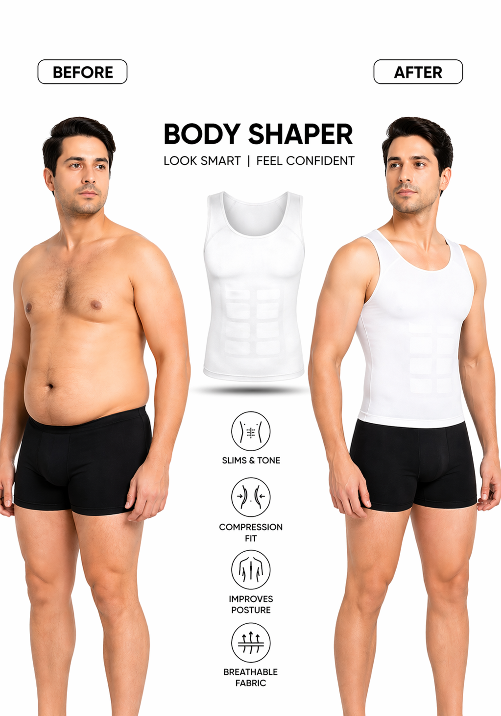 Men’s And Women's Slimming Compression Body Shaper Vest – Tummy Control & Chest Slim Fit Tank (Black) (White)