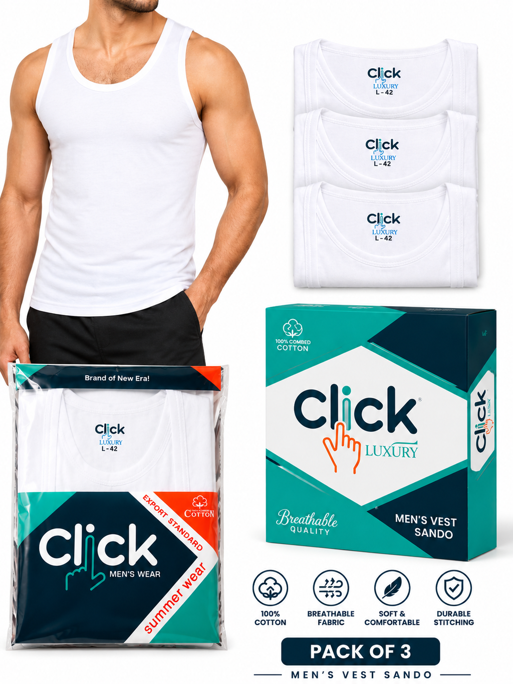 Pack of 3 Vest | 100% Combed Cotton | Everyday Undershirt